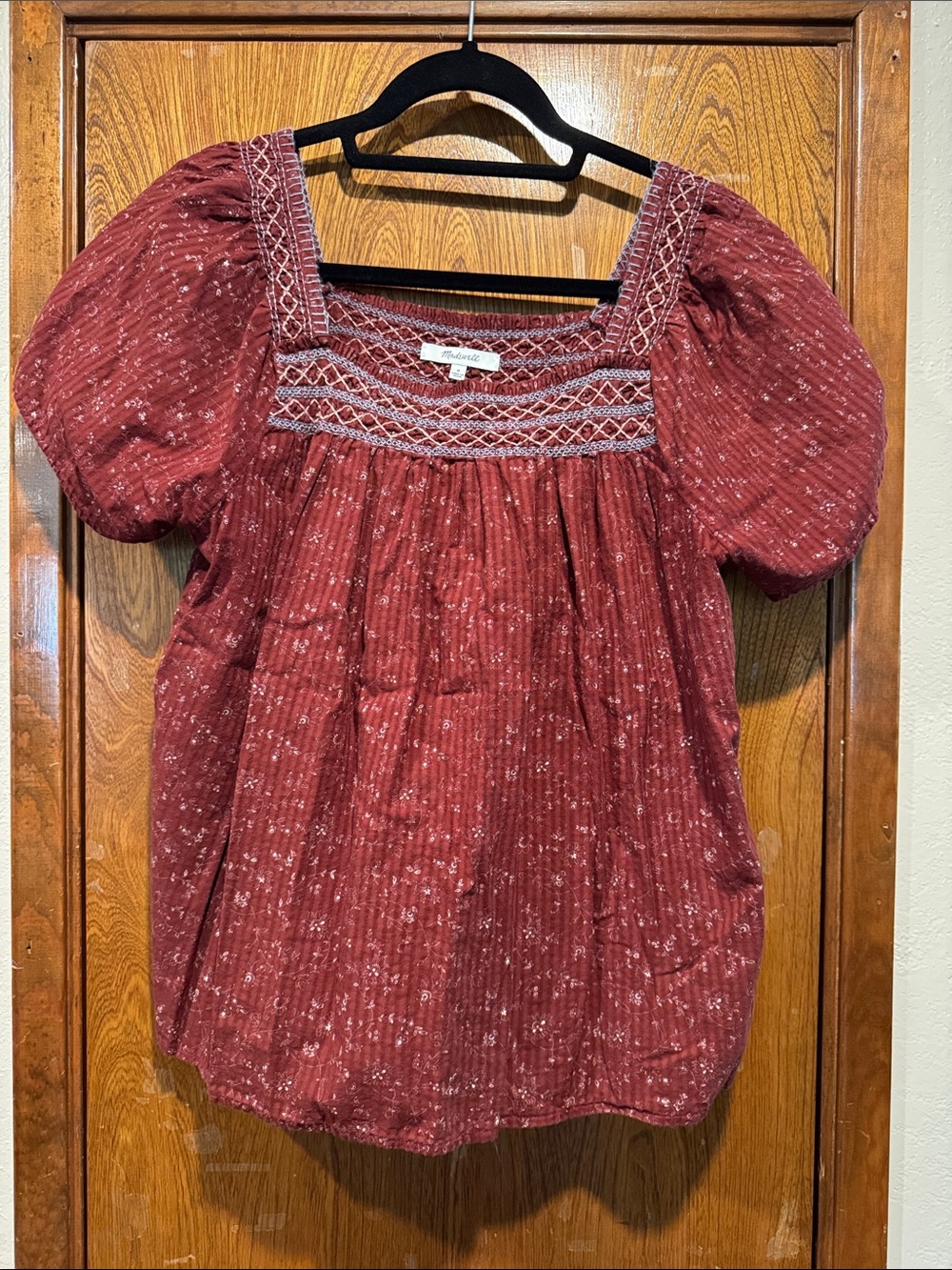 Madewell Rust Red Smocked Square-Neck Peasant Top